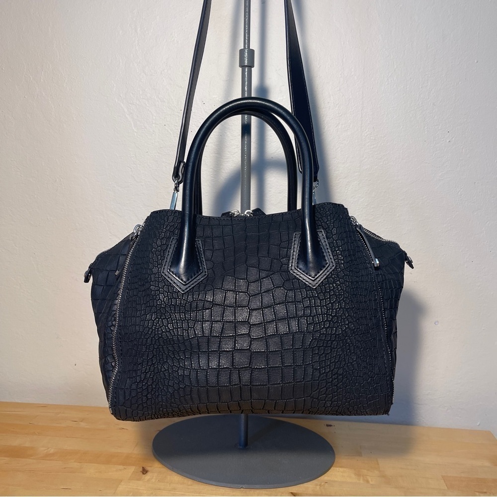 Rebecca Minkoff Perry Croc Embossed Leather Satchel Black Top Handle Crossbody